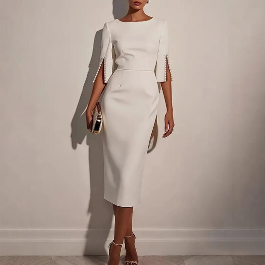 Pearl Trim Fitted Midi Dress | Split Sleeve