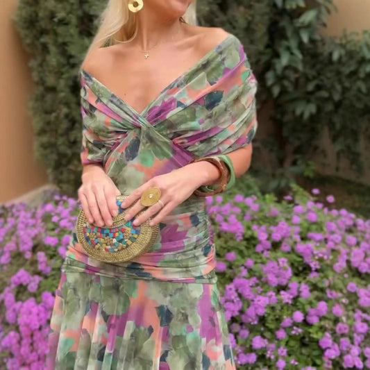 Printed Mesh Maxi Dress | Short Sleeve V-Neck