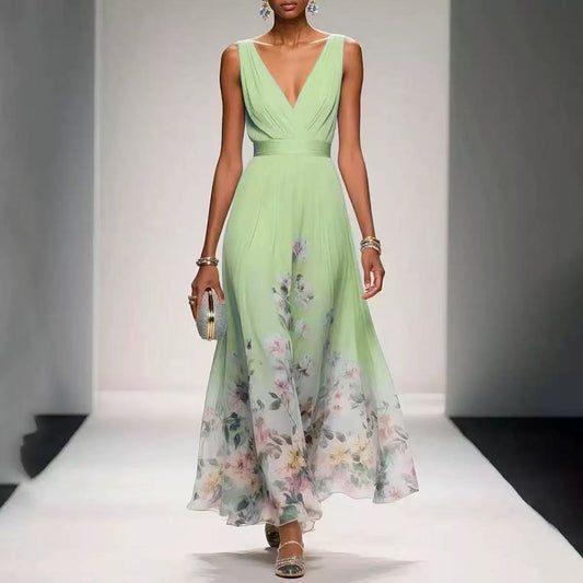 Printed V-Neck Maxi Dress | Cross Back