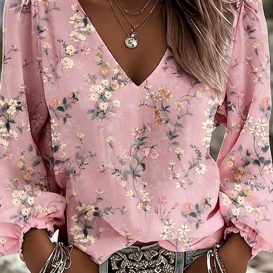 Printed V-Neck Top | Relaxed Long Sleeve – Blush Floral