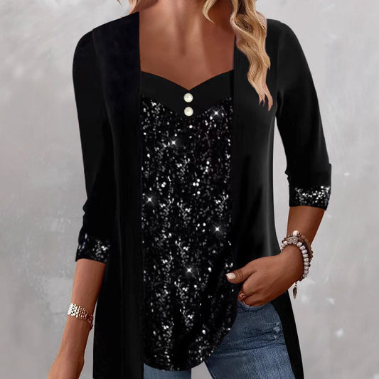 Sequin Panel Layered Top | Sweetheart Neck