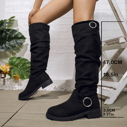 Slouch Knee High Boots with Buckle | Block Heel