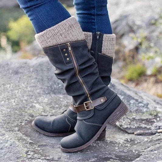 Slouch Mid-Calf Boots with Buckle | Low Heel