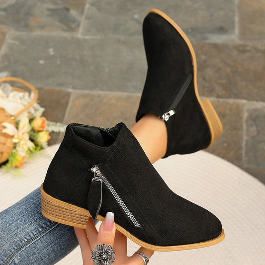 Suede Look Ankle Boots with Side Zip | Low Heel