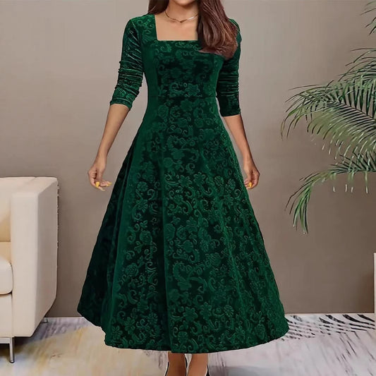 Velvet Square Neck Midi Dress | Long Sleeve A-Line